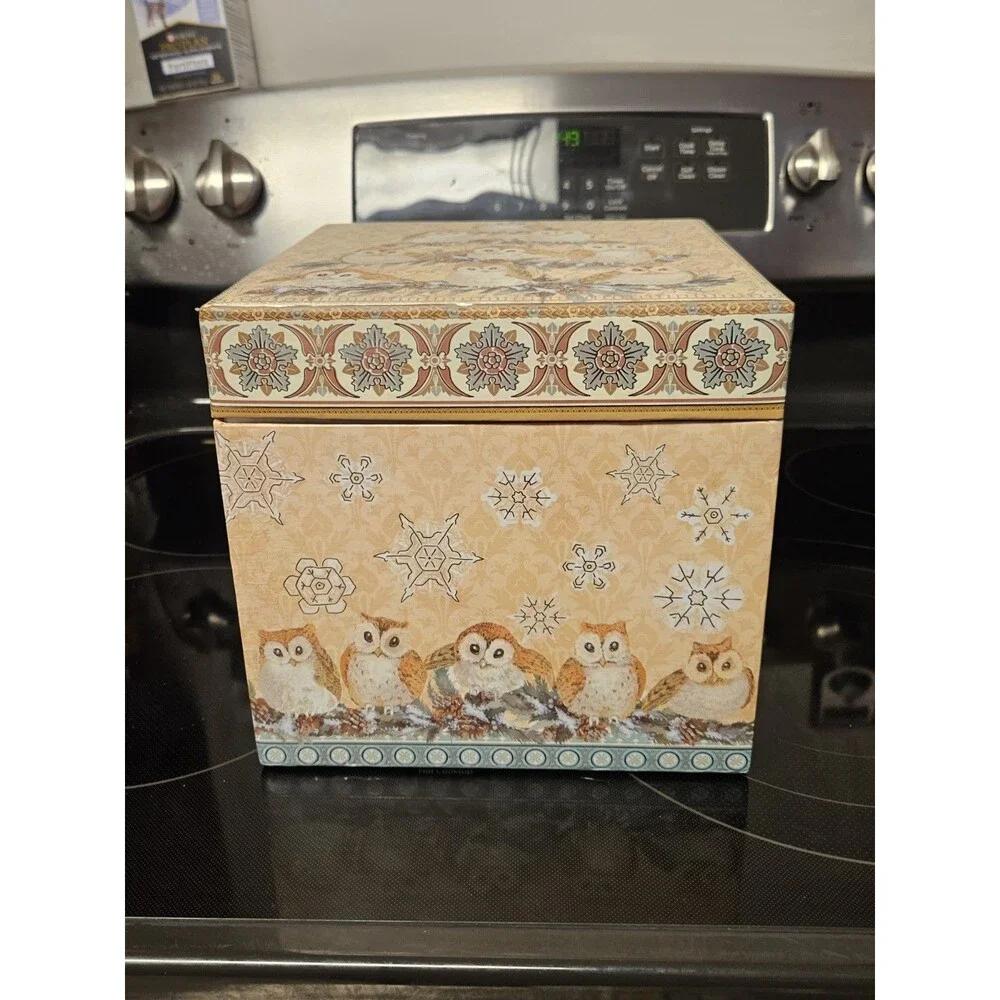Elegant Storage Box Blue, Yellow, Silver Filigree Owl Print 9